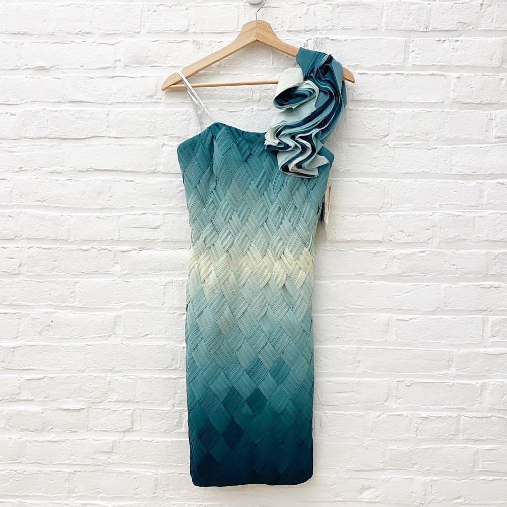 Mikael Aghal || Woven Ombre Rosette‎ One Shoulder Cocktail Dress Hunter Green 2